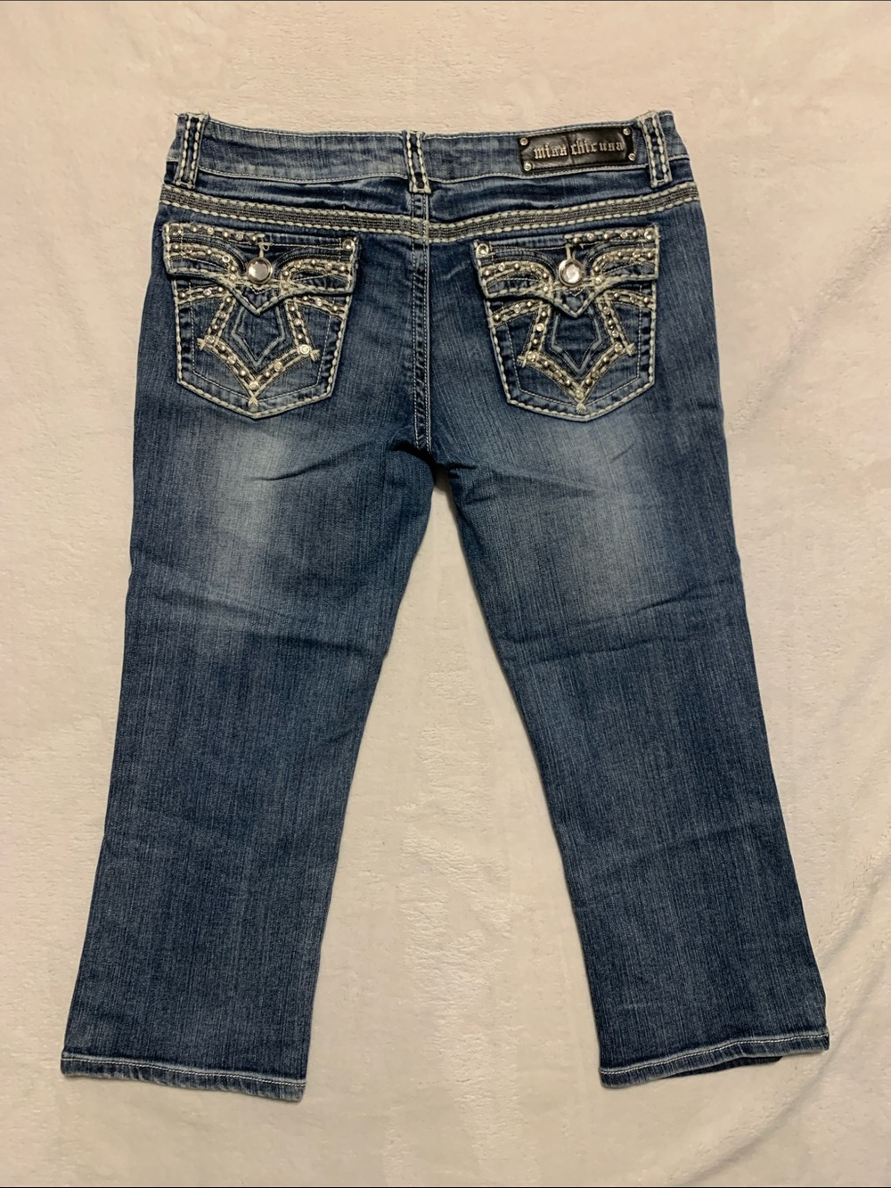 MISS CHIC USA Women's Capri Cropped Denim Blue Jeans Bling Size 13